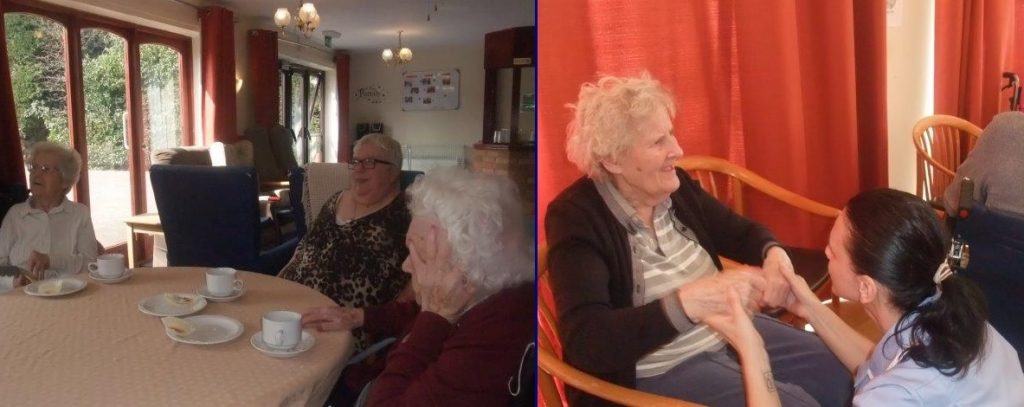 (Left) Residents; Betty, Margaret and Mary.            (Right) Resident Doreen and Carer Hajni.     At Dorrington House Dereham's Easter Party 2019! 